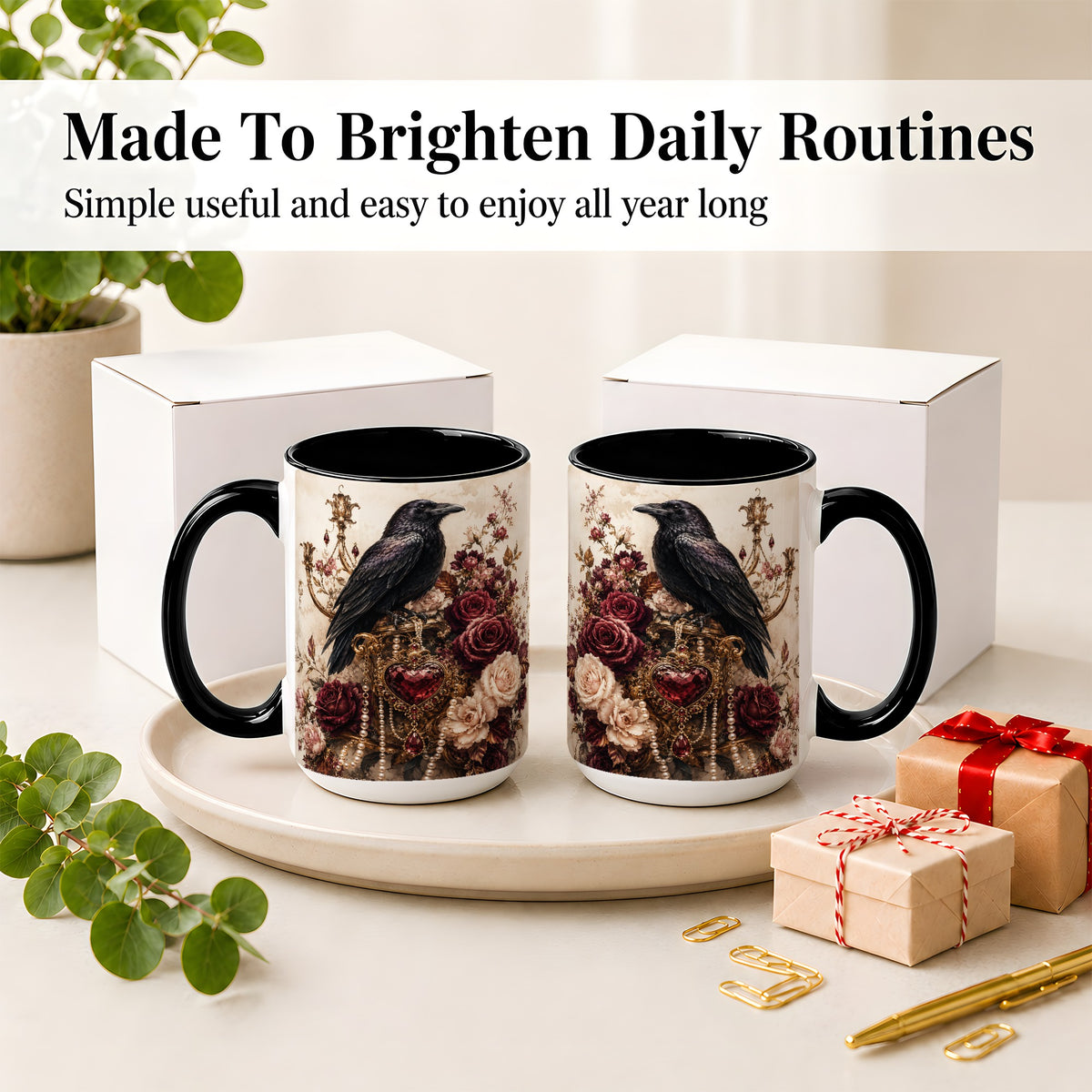 #pl[15oz|Black] Gothic Raven Ceramic Coffee Cup, Mug with Rose Jewel Artwork