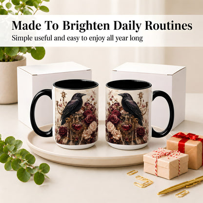#pl[15oz|Black] Gothic Raven Ceramic Coffee Cup, Mug with Rose Jewel Artwork