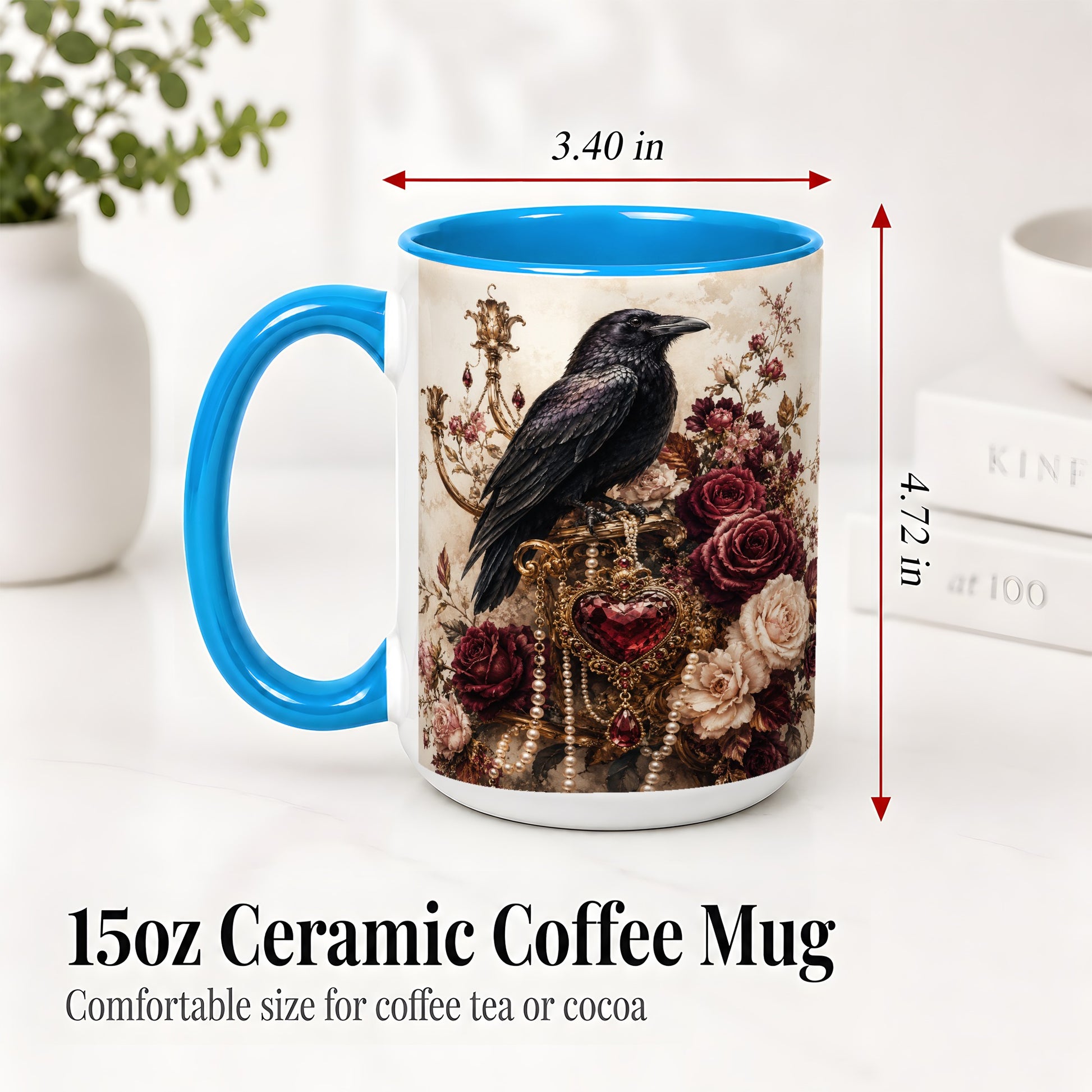 #pl[15oz|Blue] Gothic Raven Ceramic Coffee Cup, Mug with Rose Jewel Artwork