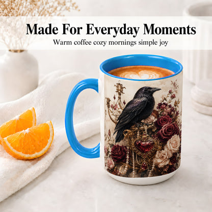 #pl[15oz|Blue] Gothic Raven Ceramic Coffee Cup, Mug with Rose Jewel Artwork