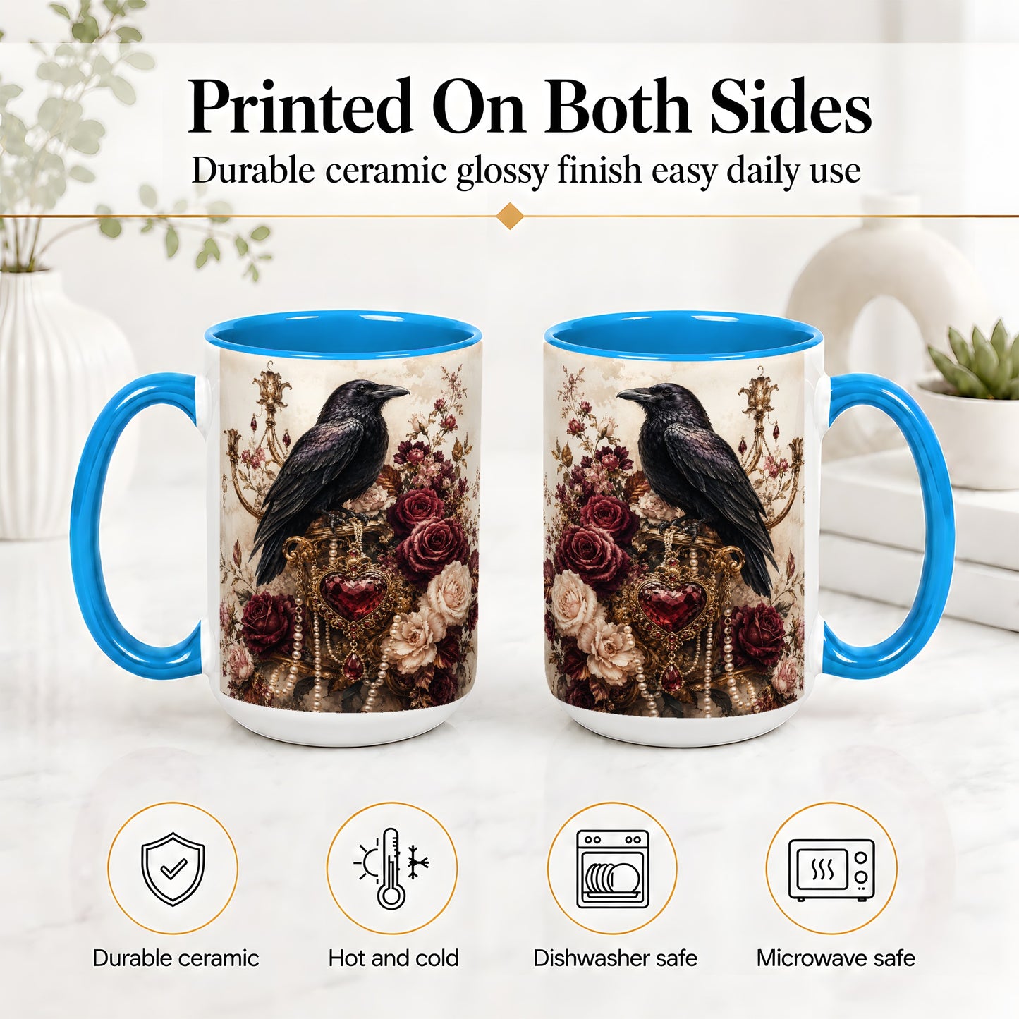 #pl[15oz|Blue] Gothic Raven Ceramic Coffee Cup, Mug with Rose Jewel Artwork