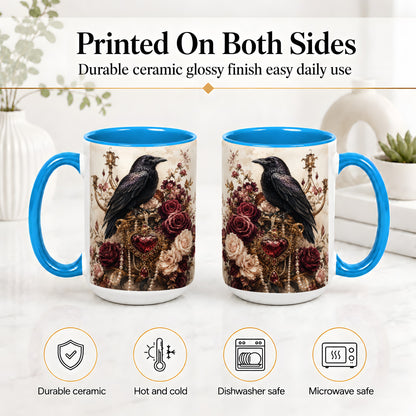 #pl[15oz|Blue] Gothic Raven Ceramic Coffee Cup, Mug with Rose Jewel Artwork