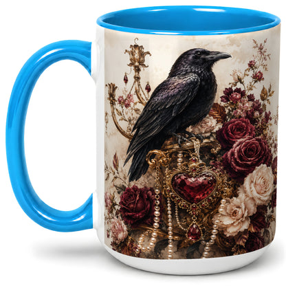 #pl[15oz|Blue] Gothic Raven Ceramic Coffee Cup, Mug with Rose Jewel Artwork
