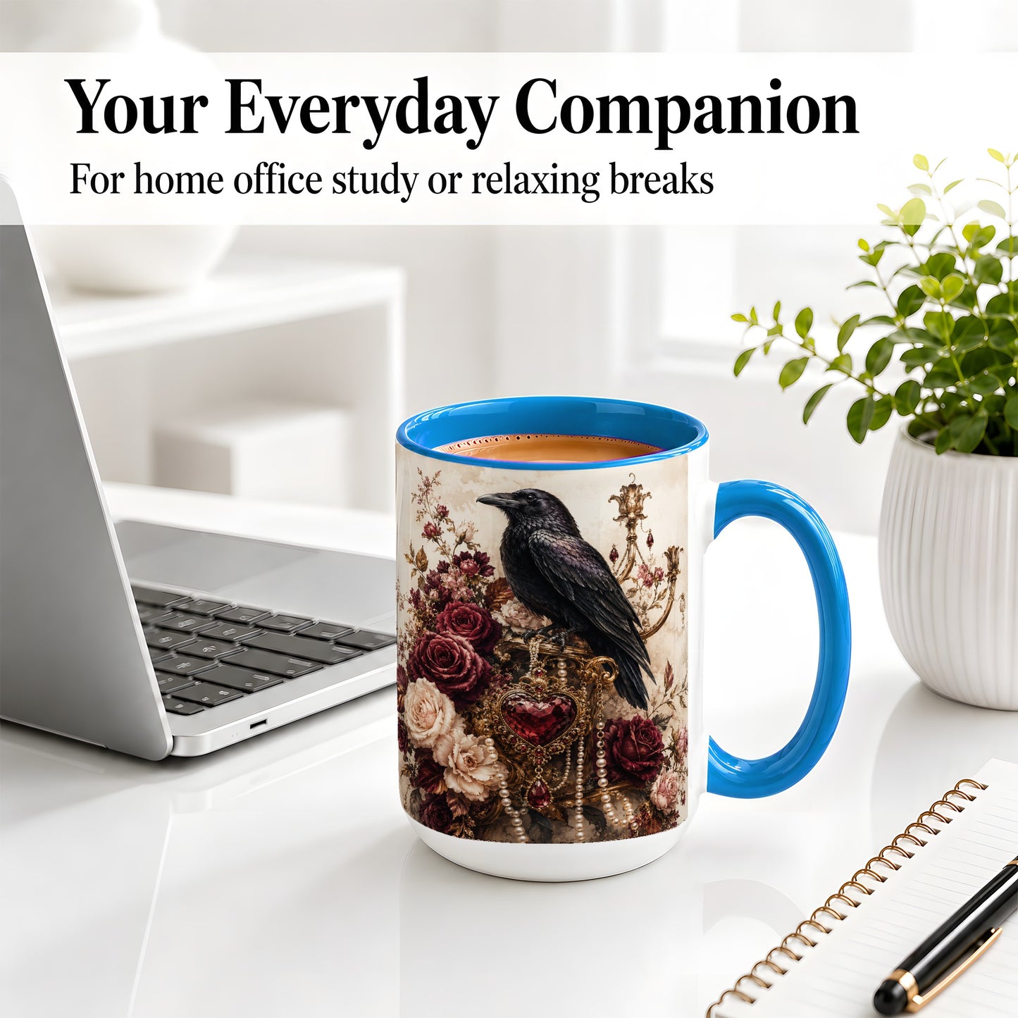 #pl[15oz|Blue] Gothic Raven Ceramic Coffee Cup, Mug with Rose Jewel Artwork