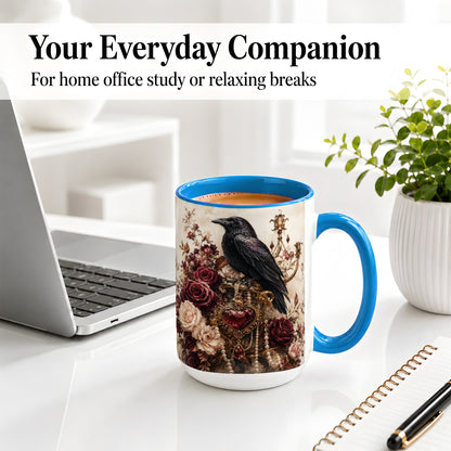 #pl[15oz|Blue] Gothic Raven Ceramic Coffee Cup, Mug with Rose Jewel Artwork