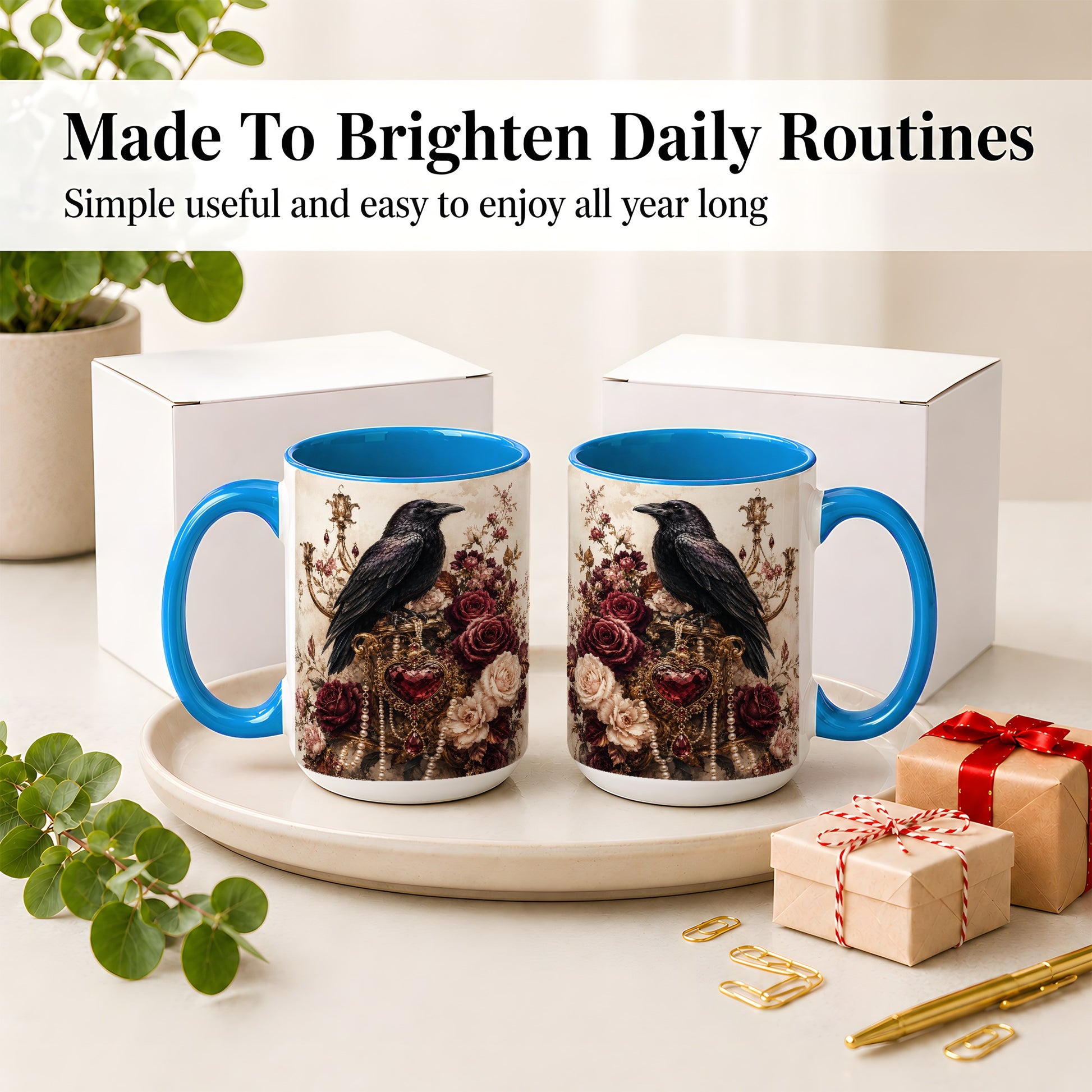 #pl[15oz|Blue] Gothic Raven Ceramic Coffee Cup, Mug with Rose Jewel Artwork