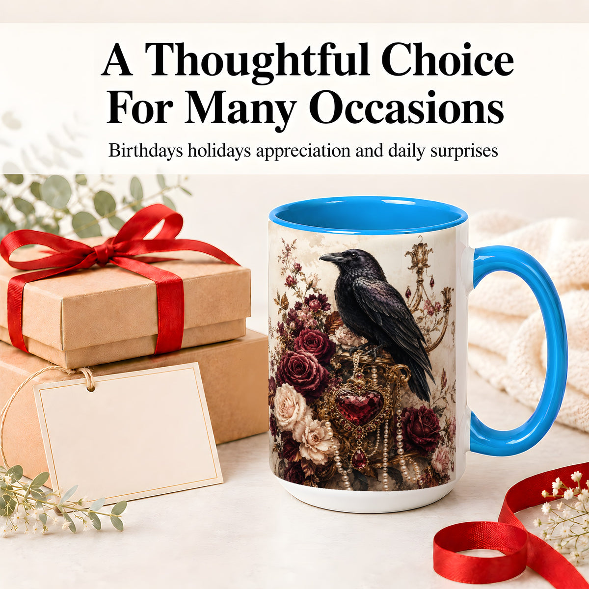 #pl[15oz|Blue] Gothic Raven Ceramic Coffee Cup, Mug with Rose Jewel Artwork