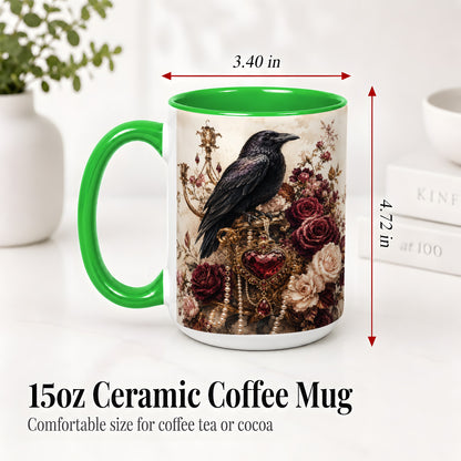 #pl[15oz|Green] Gothic Raven Ceramic Coffee Cup, Mug with Rose Jewel Artwork