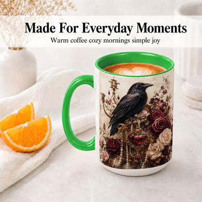 #pl[15oz|Green] Gothic Raven Ceramic Coffee Cup, Mug with Rose Jewel Artwork