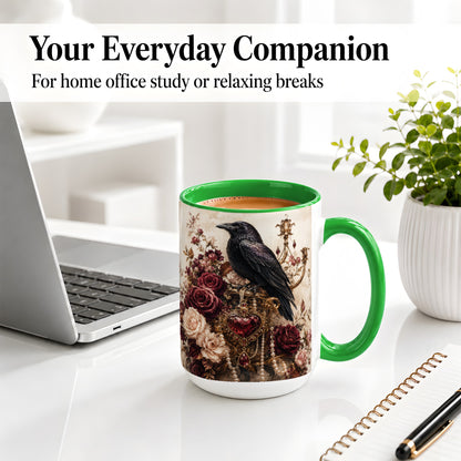 #pl[15oz|Green] Gothic Raven Ceramic Coffee Cup, Mug with Rose Jewel Artwork