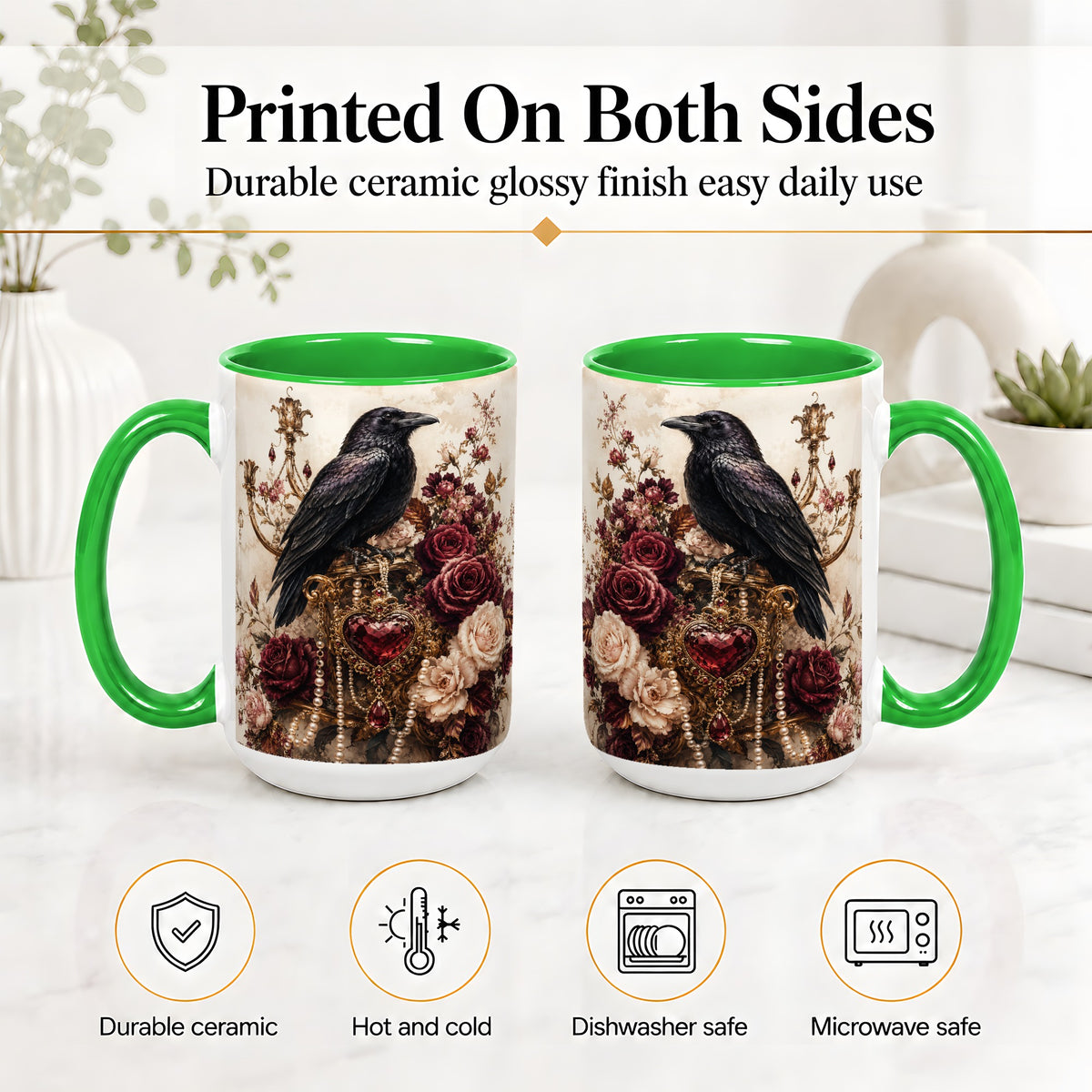 #pl[15oz|Green] Gothic Raven Ceramic Coffee Cup, Mug with Rose Jewel Artwork