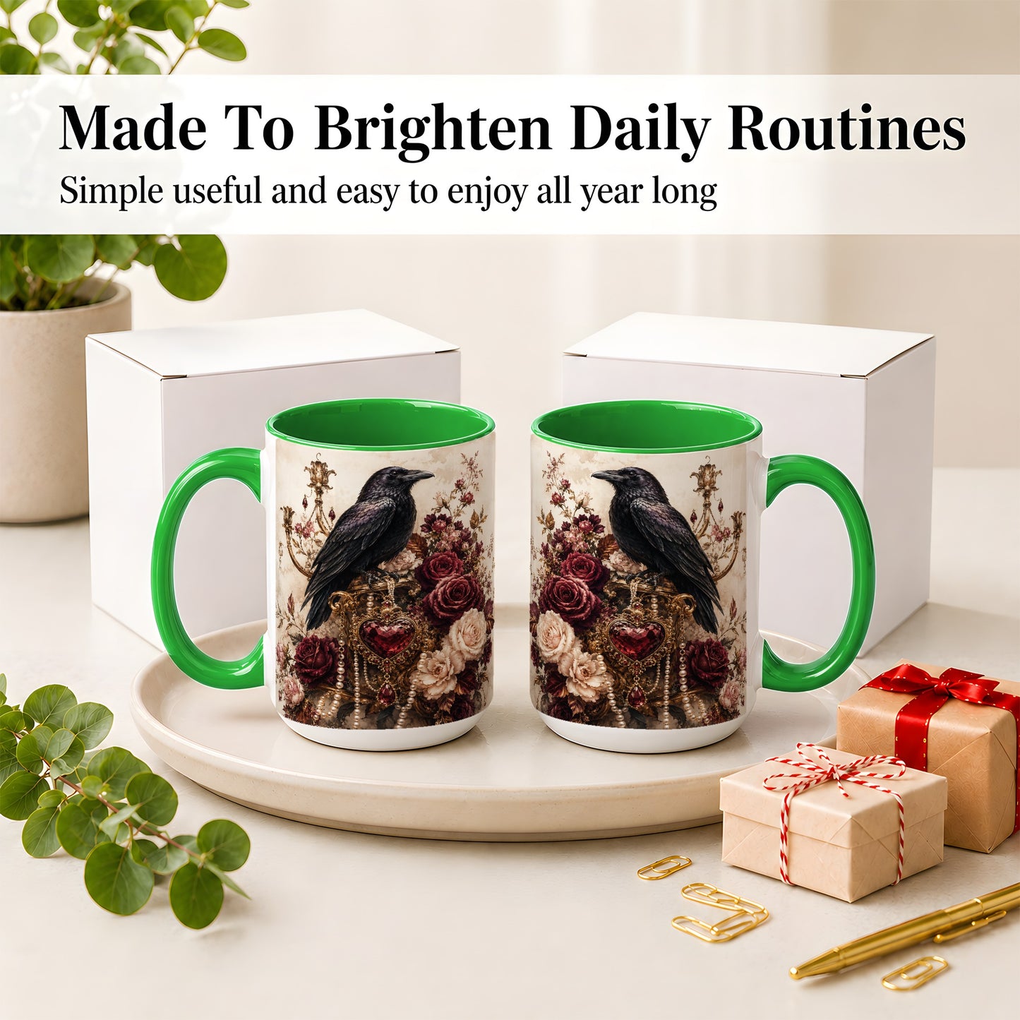#pl[15oz|Green] Gothic Raven Ceramic Coffee Cup, Mug with Rose Jewel Artwork