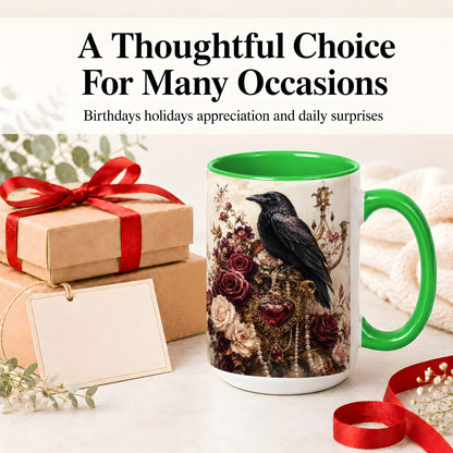 #pl[15oz|Green] Gothic Raven Ceramic Coffee Cup, Mug with Rose Jewel Artwork