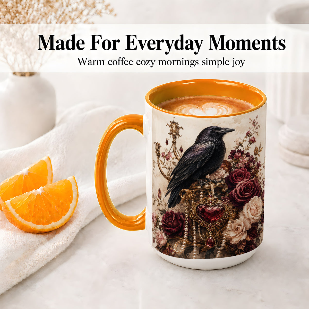 #pl[15oz|Orange] Gothic Raven Ceramic Coffee Cup, Mug with Rose Jewel Artwork