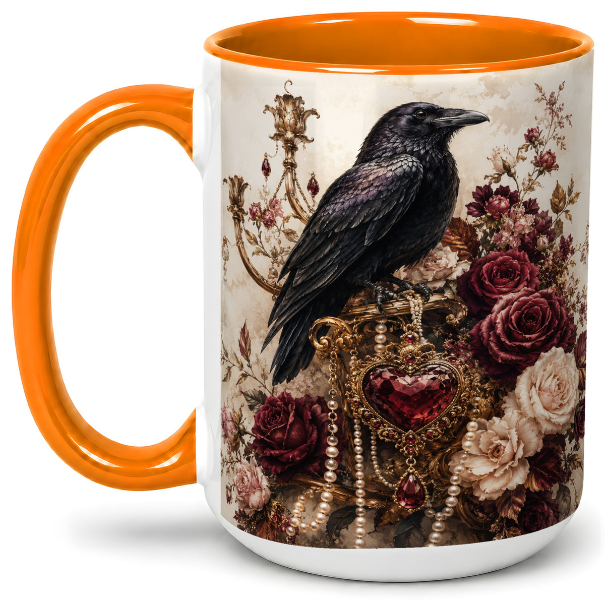 #pl[15oz|Orange] Gothic Raven Ceramic Coffee Cup, Mug with Rose Jewel Artwork