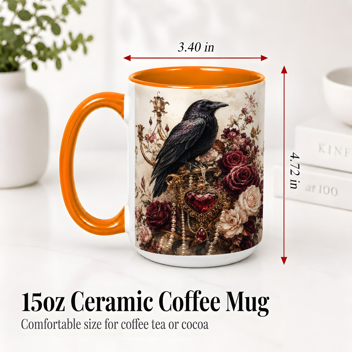 #pl[15oz|Orange] Gothic Raven Ceramic Coffee Cup, Mug with Rose Jewel Artwork