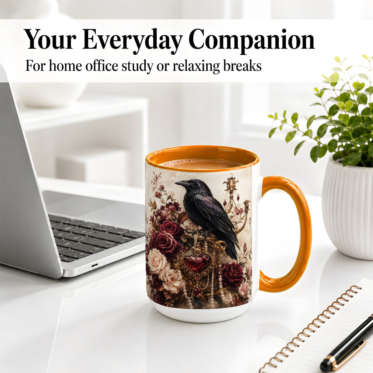 #pl[15oz|Orange] Gothic Raven Ceramic Coffee Cup, Mug with Rose Jewel Artwork