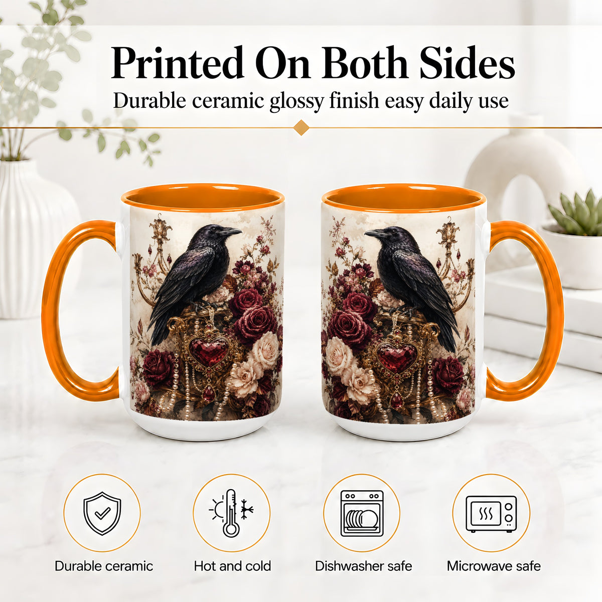 #pl[15oz|Orange] Gothic Raven Ceramic Coffee Cup, Mug with Rose Jewel Artwork