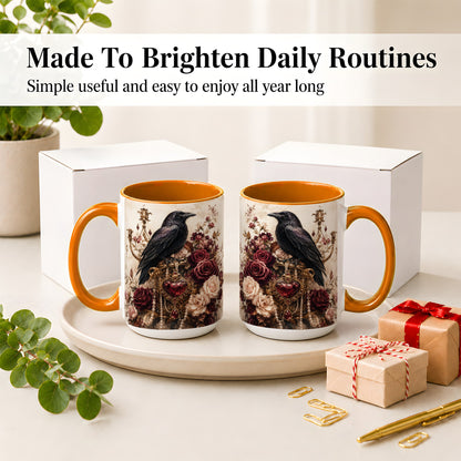 #pl[15oz|Orange] Gothic Raven Ceramic Coffee Cup, Mug with Rose Jewel Artwork