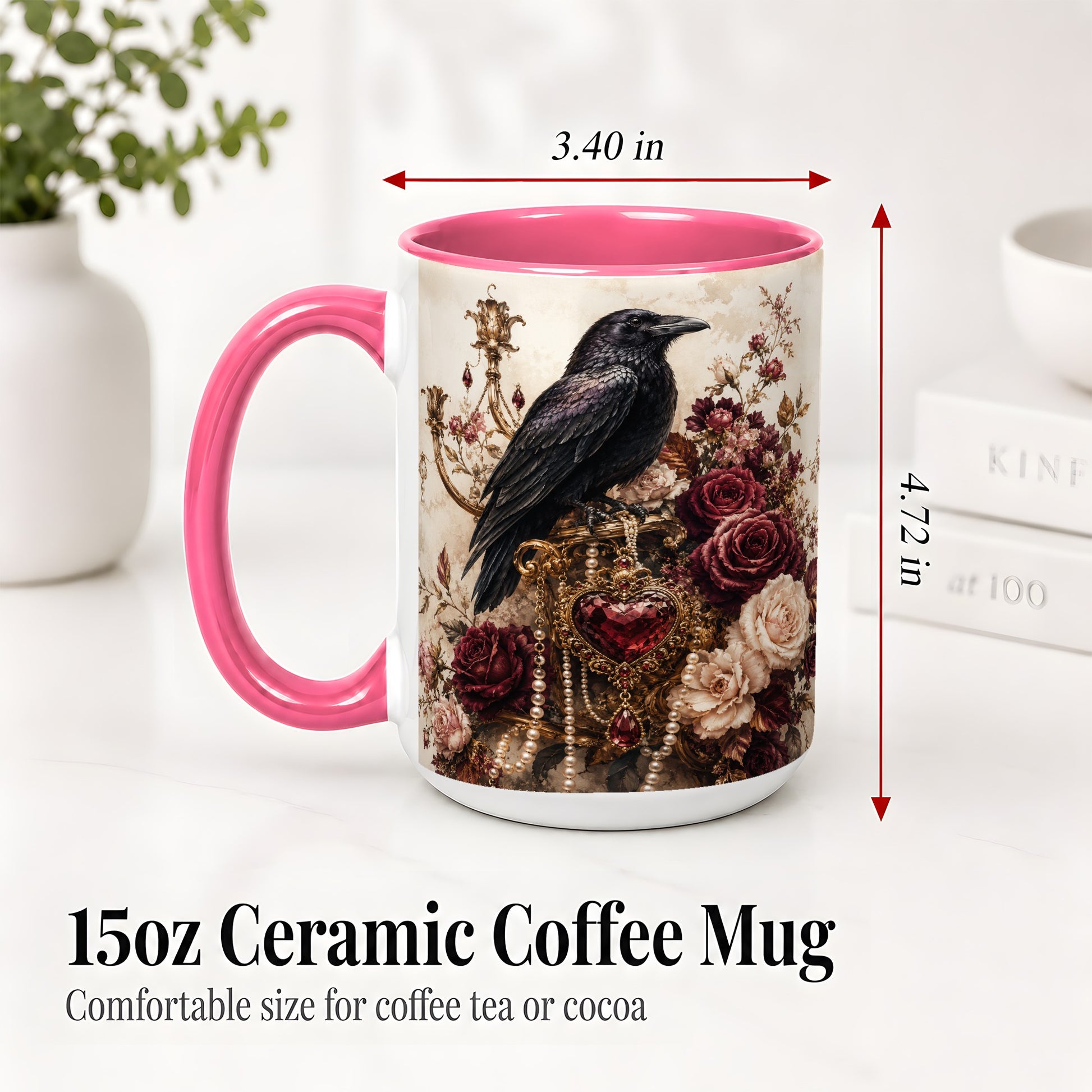 #pl[15oz|Pink] Gothic Raven Ceramic Coffee Cup, Mug with Rose Jewel Artwork