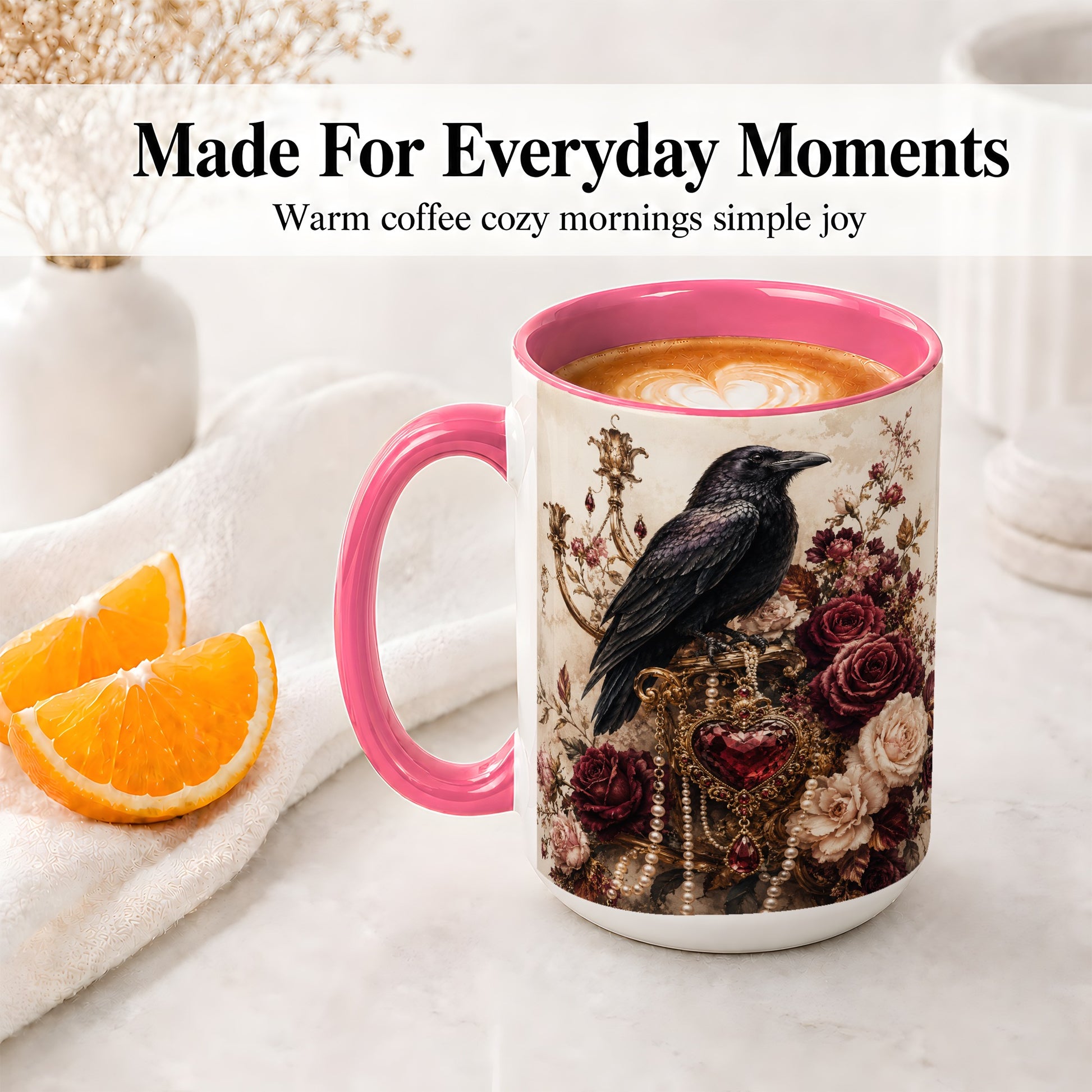 #pl[15oz|Pink] Gothic Raven Ceramic Coffee Cup, Mug with Rose Jewel Artwork