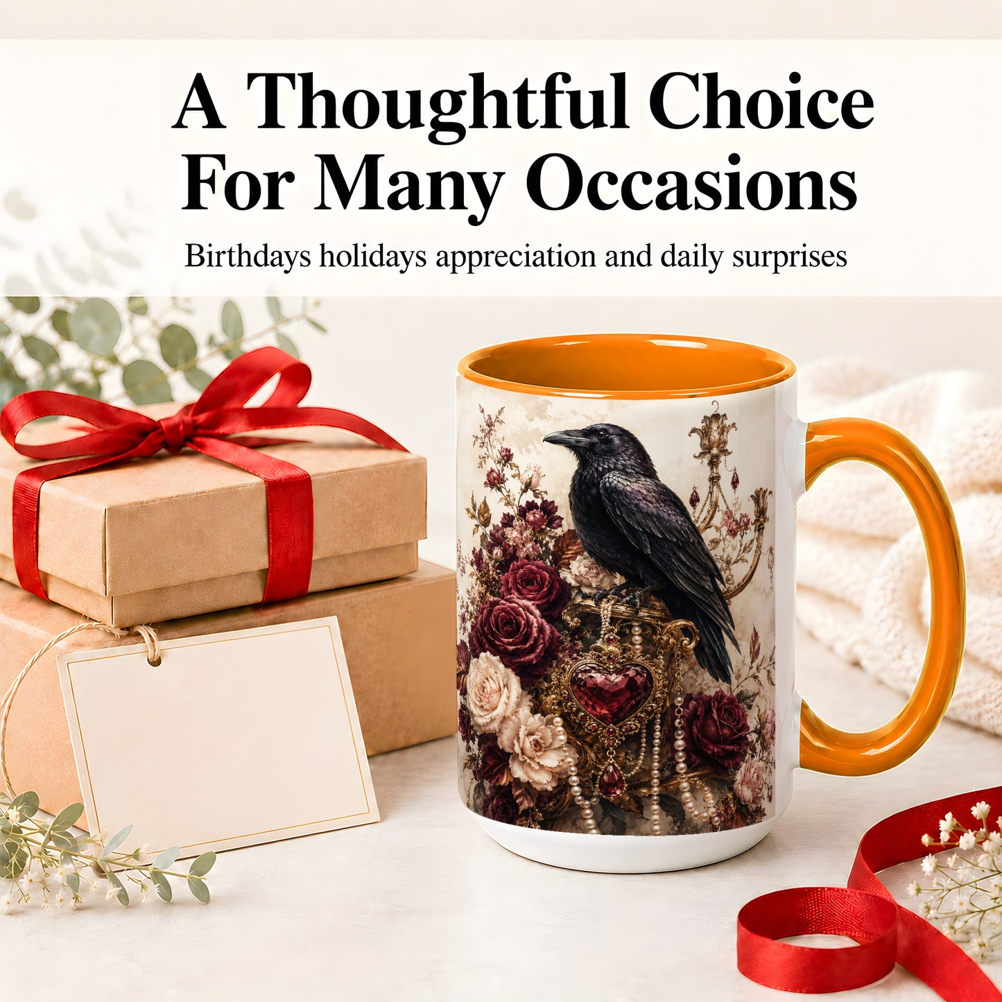 #pl[15oz|Orange] Gothic Raven Ceramic Coffee Cup, Mug with Rose Jewel Artwork