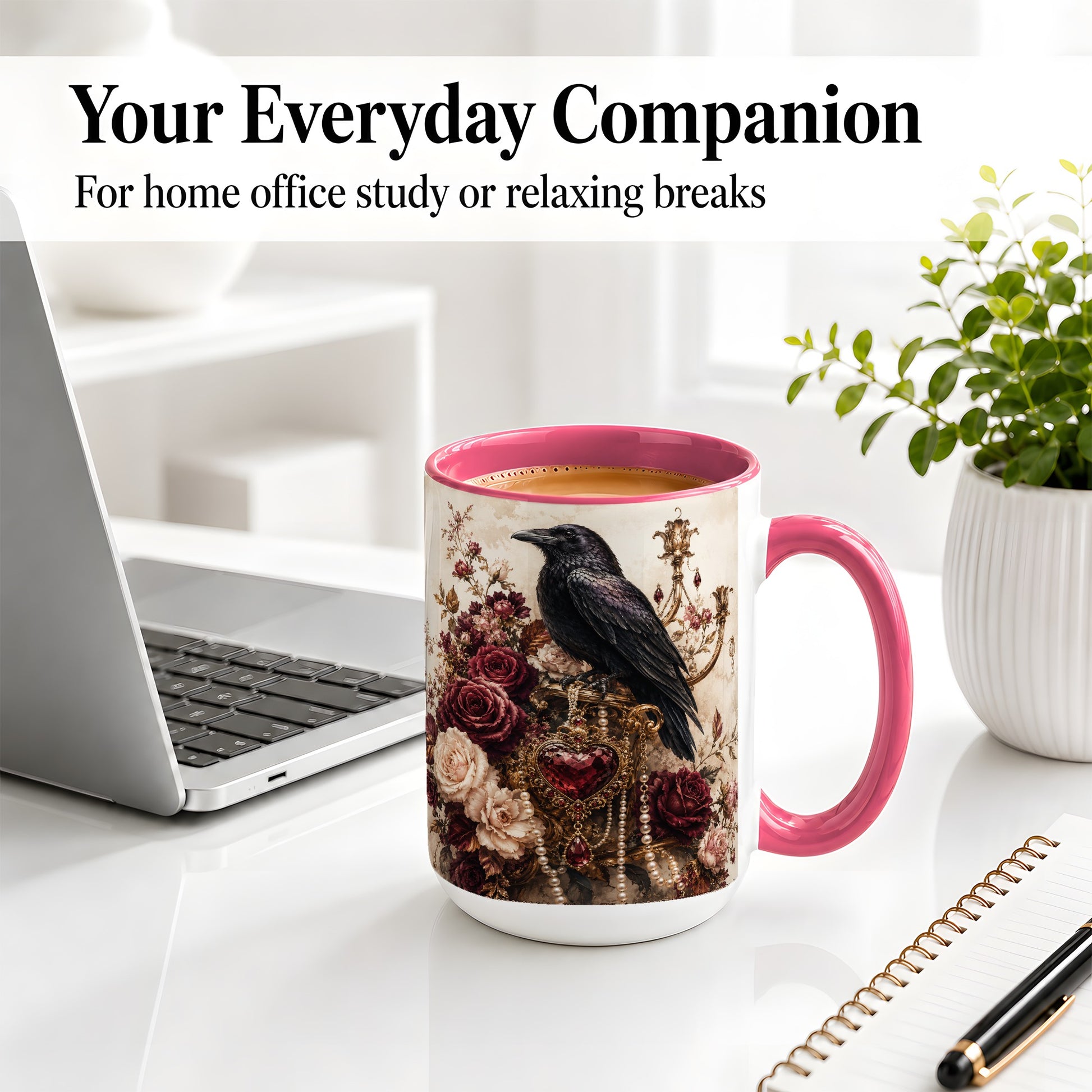 #pl[15oz|Pink] Gothic Raven Ceramic Coffee Cup, Mug with Rose Jewel Artwork