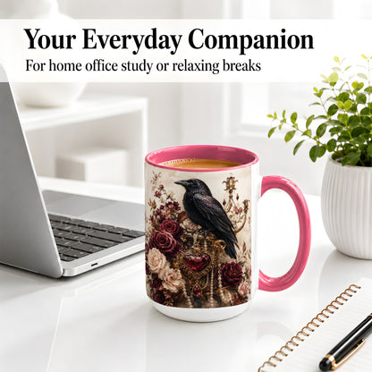 #pl[15oz|Pink] Gothic Raven Ceramic Coffee Cup, Mug with Rose Jewel Artwork