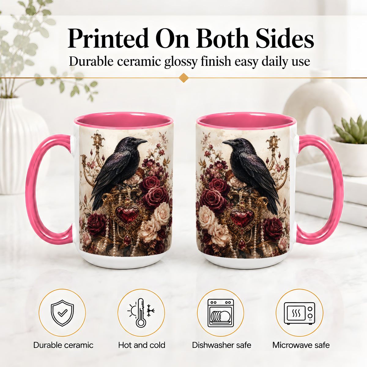 #pl[15oz|Pink] Gothic Raven Ceramic Coffee Cup, Mug with Rose Jewel Artwork