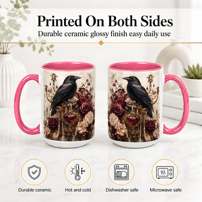 #pl[15oz|Pink] Gothic Raven Ceramic Coffee Cup, Mug with Rose Jewel Artwork