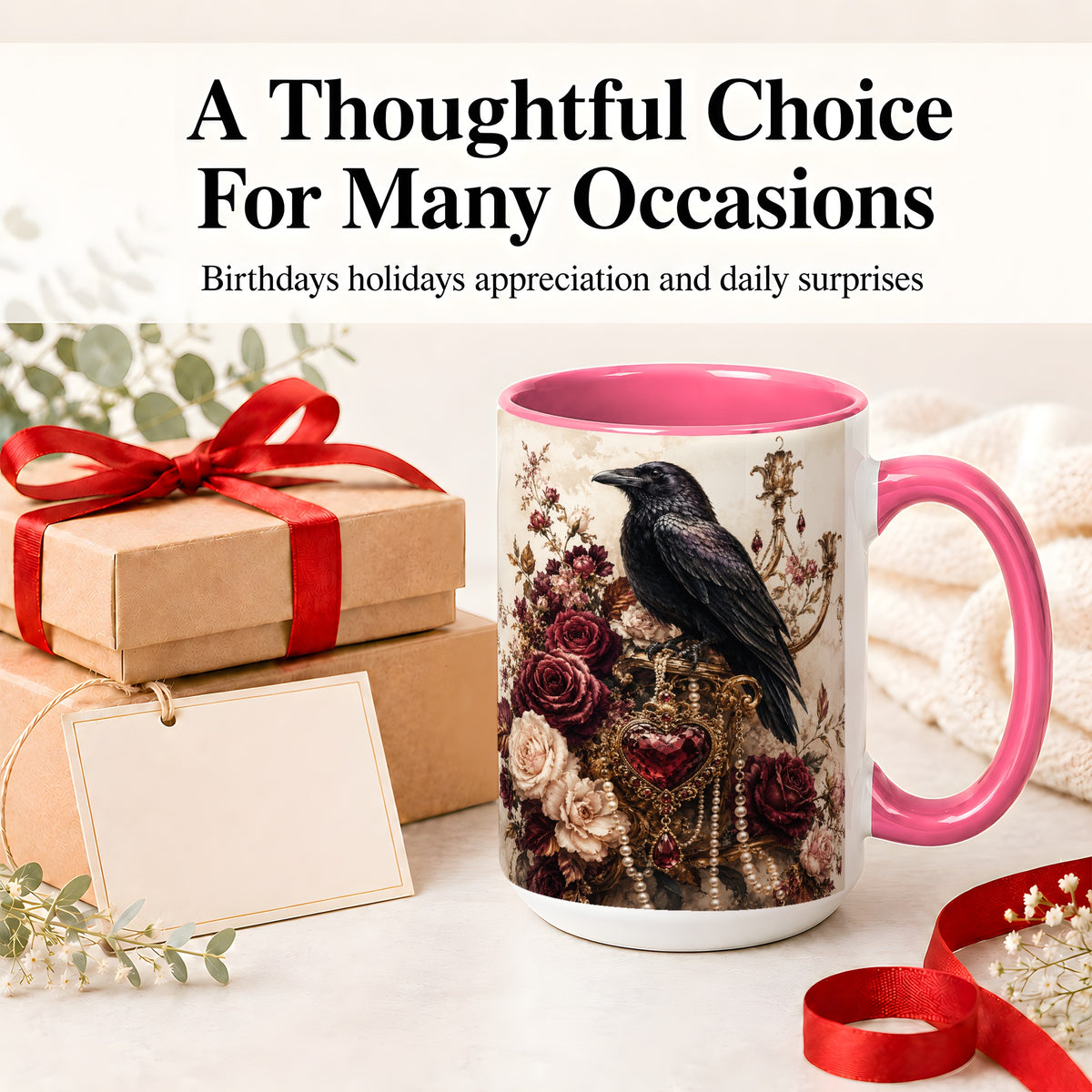 #pl[15oz|Pink] Gothic Raven Ceramic Coffee Cup, Mug with Rose Jewel Artwork
