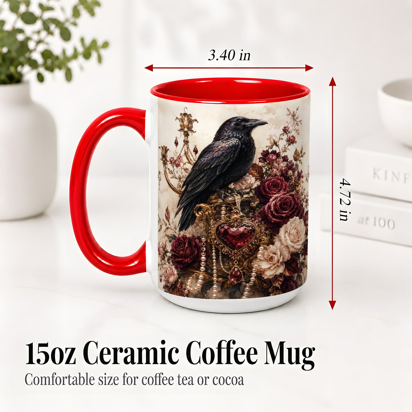 #pl[15oz|Red] Gothic Raven Ceramic Coffee Cup, Mug with Rose Jewel Artwork