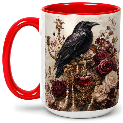 #pl[15oz|Red] Gothic Raven Ceramic Coffee Cup, Mug with Rose Jewel Artwork