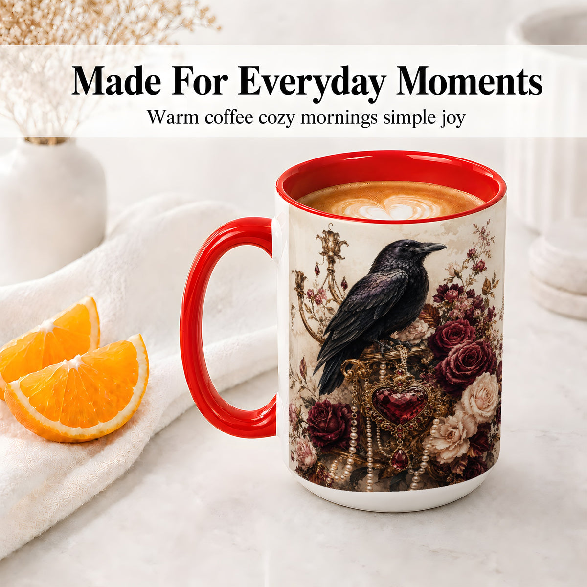 #pl[15oz|Red] Gothic Raven Ceramic Coffee Cup, Mug with Rose Jewel Artwork