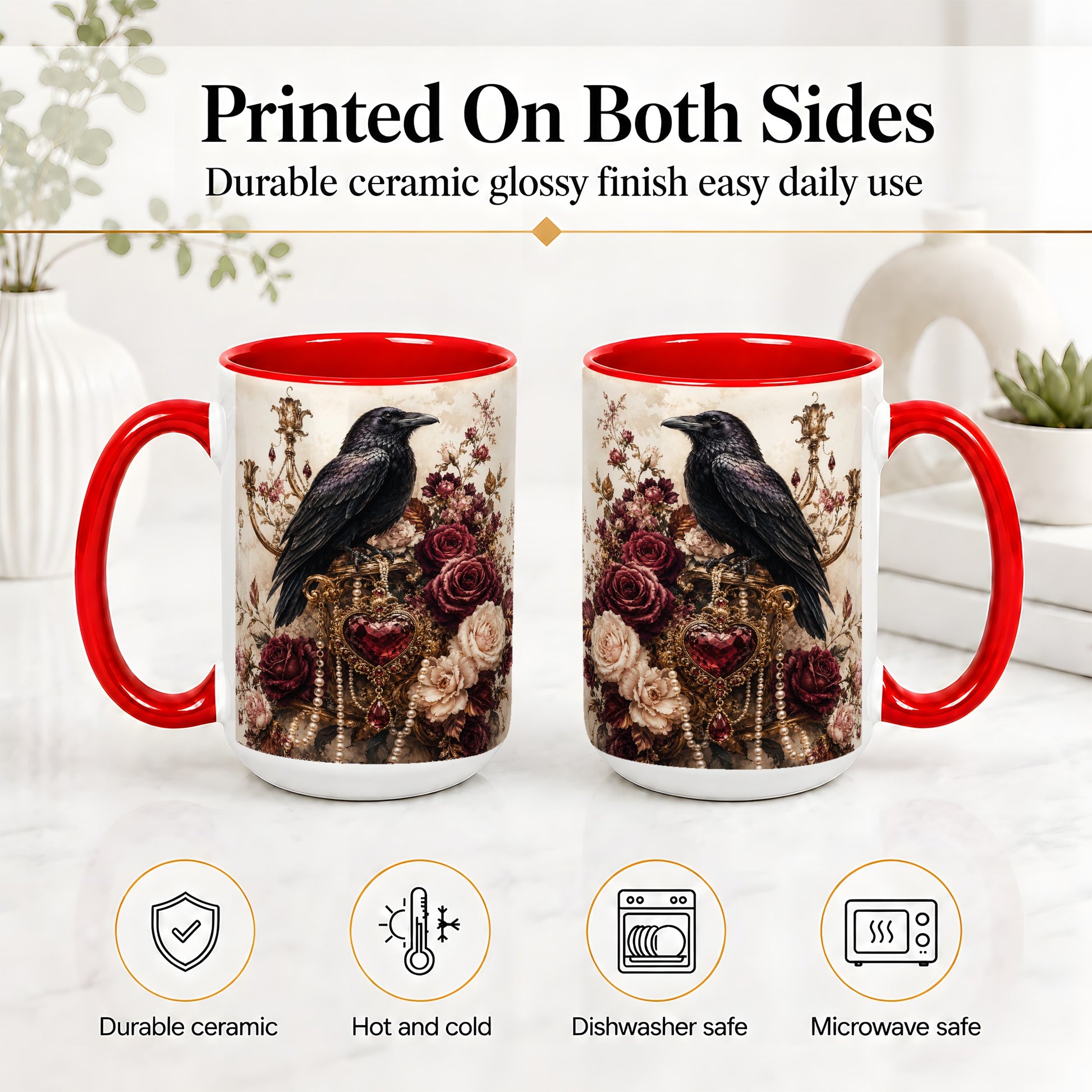#pl[15oz|Red] Gothic Raven Ceramic Coffee Cup, Mug with Rose Jewel Artwork