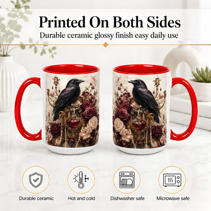 #pl[15oz|Red] Gothic Raven Ceramic Coffee Cup, Mug with Rose Jewel Artwork