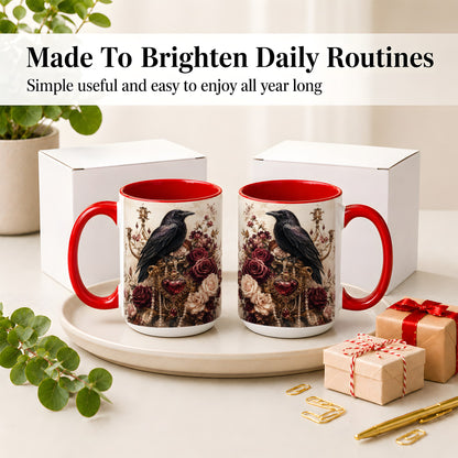 #pl[15oz|Red] Gothic Raven Ceramic Coffee Cup, Mug with Rose Jewel Artwork