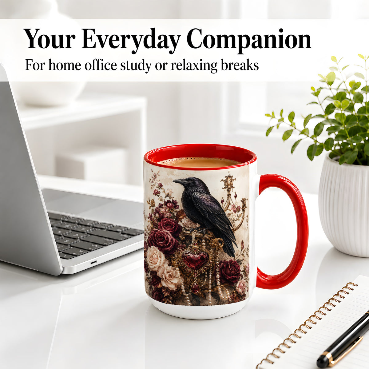 #pl[15oz|Red] Gothic Raven Ceramic Coffee Cup, Mug with Rose Jewel Artwork