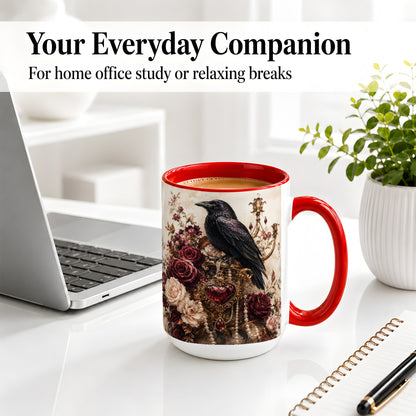 #pl[15oz|Red] Gothic Raven Ceramic Coffee Cup, Mug with Rose Jewel Artwork