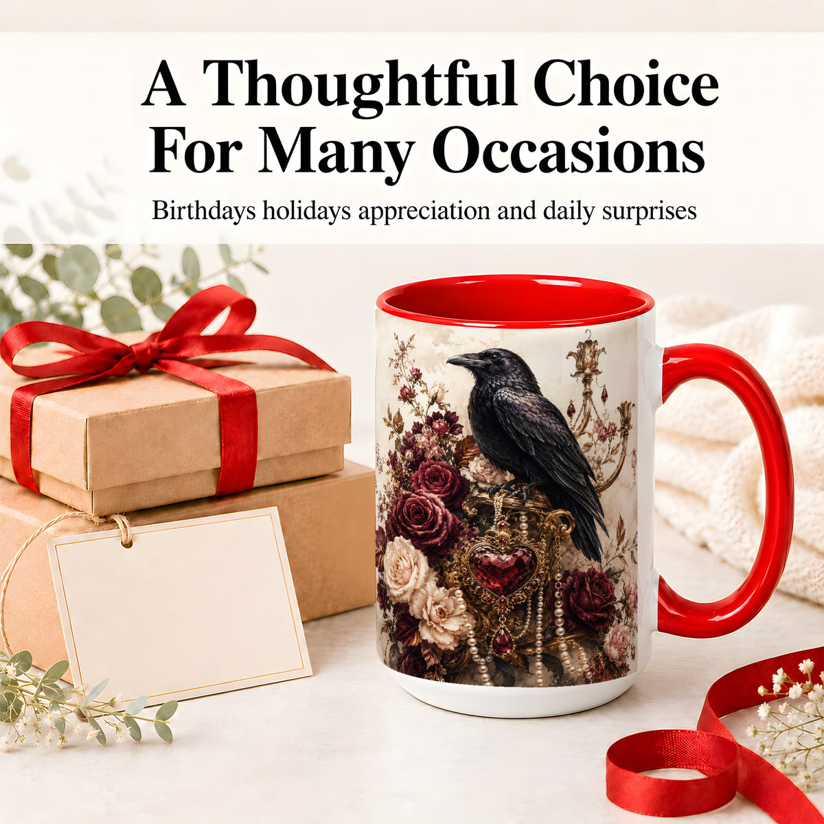 #pl[15oz|Red] Gothic Raven Ceramic Coffee Cup, Mug with Rose Jewel Artwork