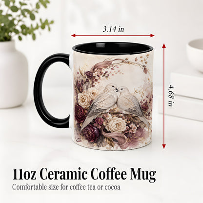 #pl[11oz|Black] Romantic Doves Ceramic Coffee Cup, Mug with Floral Wreath Artwork