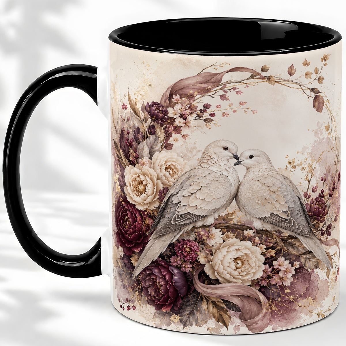 #pl[11oz|Black] Romantic Doves Ceramic Coffee Cup, Mug with Floral Wreath Artwork