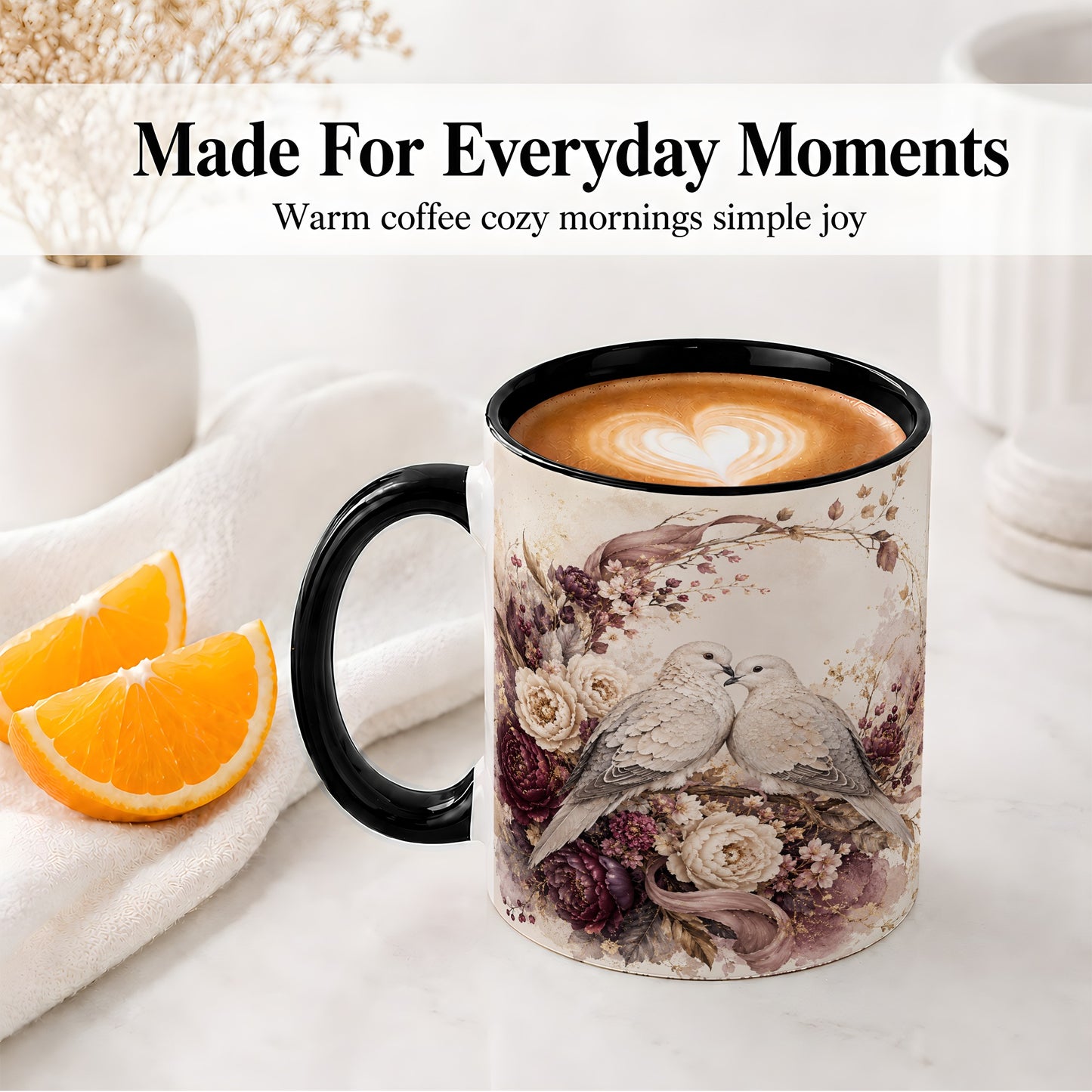 #pl[11oz|Black] Romantic Doves Ceramic Coffee Cup, Mug with Floral Wreath Artwork