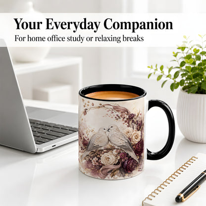 #pl[11oz|Black] Romantic Doves Ceramic Coffee Cup, Mug with Floral Wreath Artwork