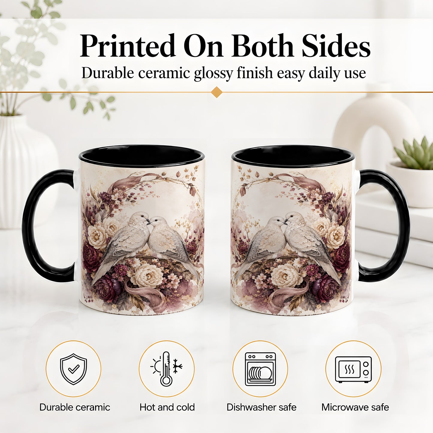 #pl[11oz|Black] Romantic Doves Ceramic Coffee Cup, Mug with Floral Wreath Artwork