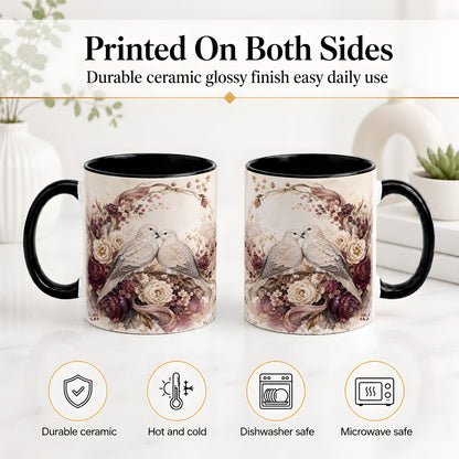 #pl[11oz|Black] Romantic Doves Ceramic Coffee Cup, Mug with Floral Wreath Artwork