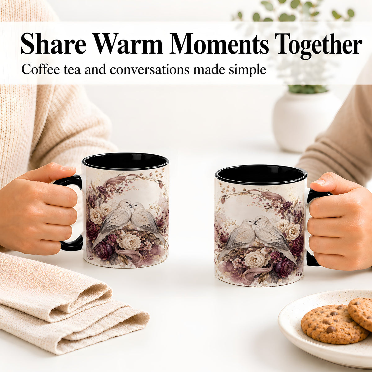 #pl[11oz|Black] Romantic Doves Ceramic Coffee Cup, Mug with Floral Wreath Artwork