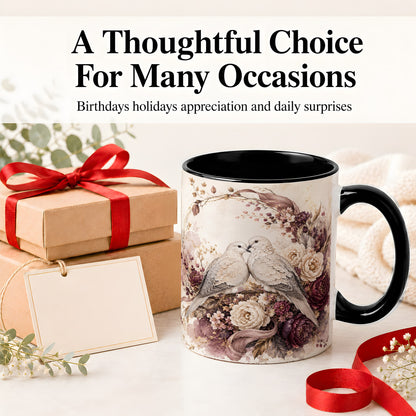#pl[11oz|Black] Romantic Doves Ceramic Coffee Cup, Mug with Floral Wreath Artwork
