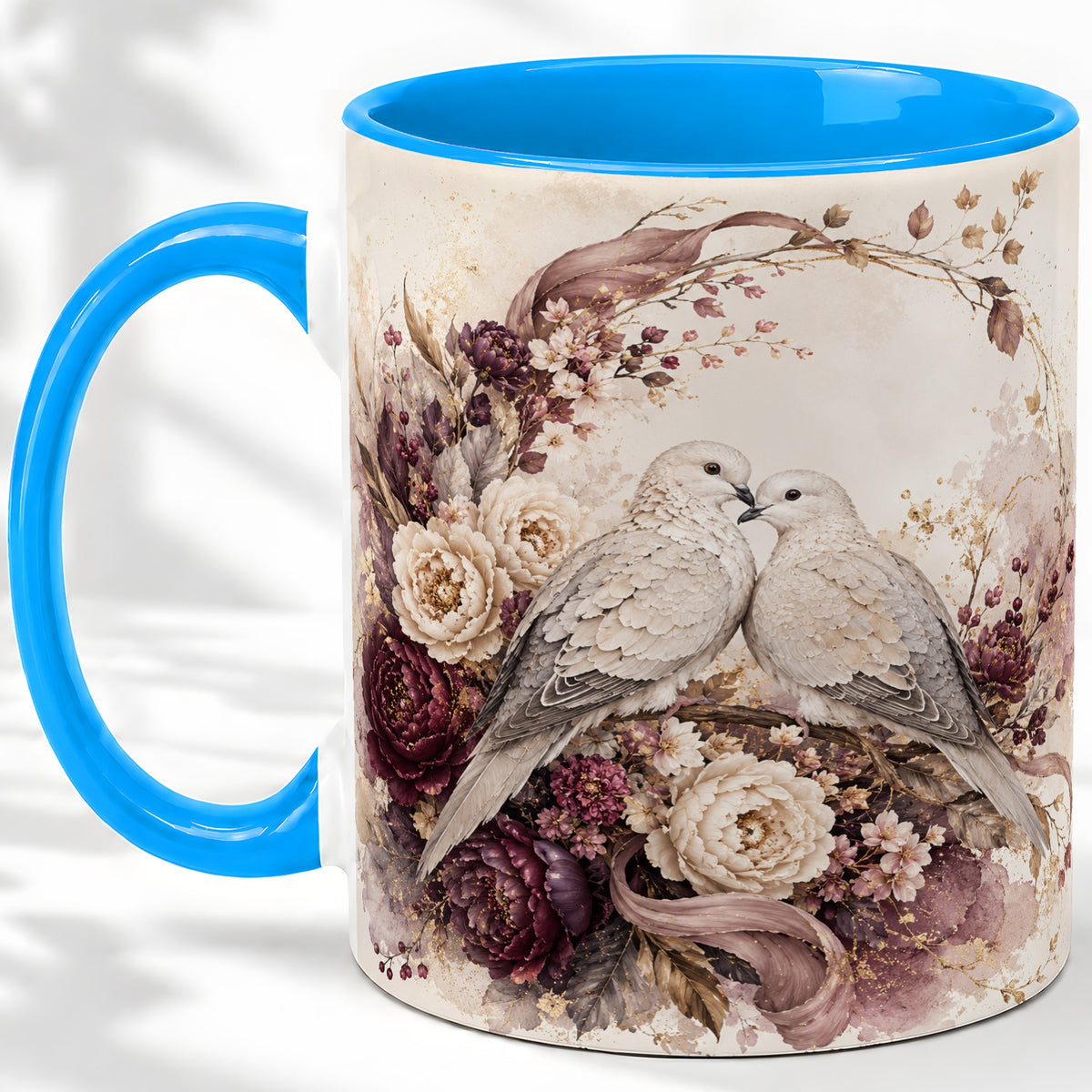#pl[11oz|Blue] Romantic Doves Ceramic Coffee Cup, Mug with Floral Wreath Artwork