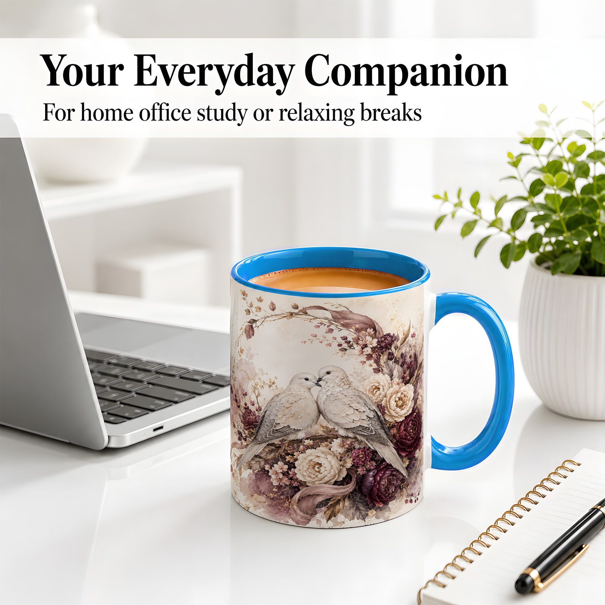 #pl[11oz|Blue] Romantic Doves Ceramic Coffee Cup, Mug with Floral Wreath Artwork